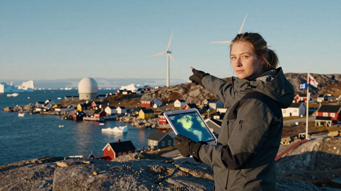 Mulher com casaco cinzento aponta para turbinas eólicas numa aldeia costeira com gelo e casas coloridas.