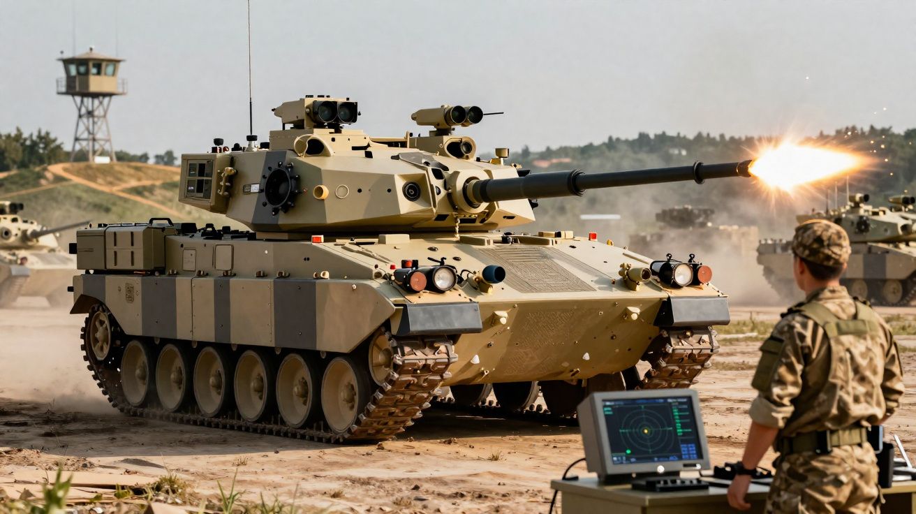 Tanque militar a disparar durante exercício, com soldado a controlar dispositivo eletrónico ao lado.