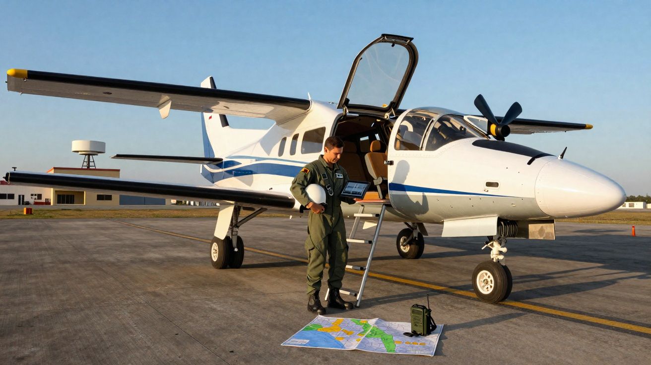 Piloto em uniforme verde junto a avião branco com hélice estacionado em pista com mapa no chão ao nascer do sol