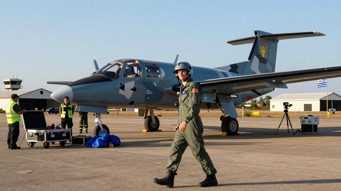 Piloto militar a caminhar em pista com avião leve cinzento e equipa de apoio ao fundo numa base aérea.