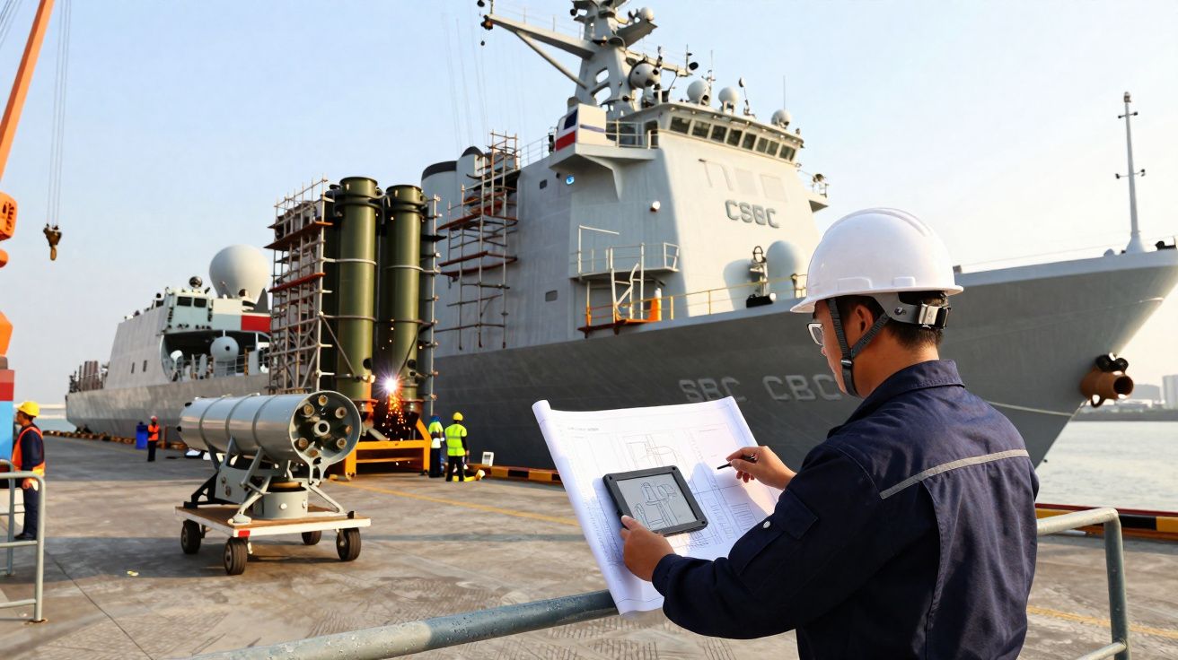 Engenheiro com capacete a analisar planos junto a um navio militar em doca com trabalhadores ao fundo.