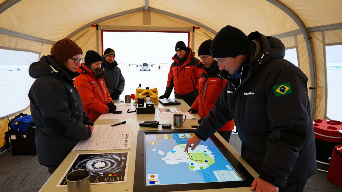 Equipe em abrigo polar analisa mapas e planeamento de rota sobre mesa digital ao ar livre, com neve e avião ao fundo.
