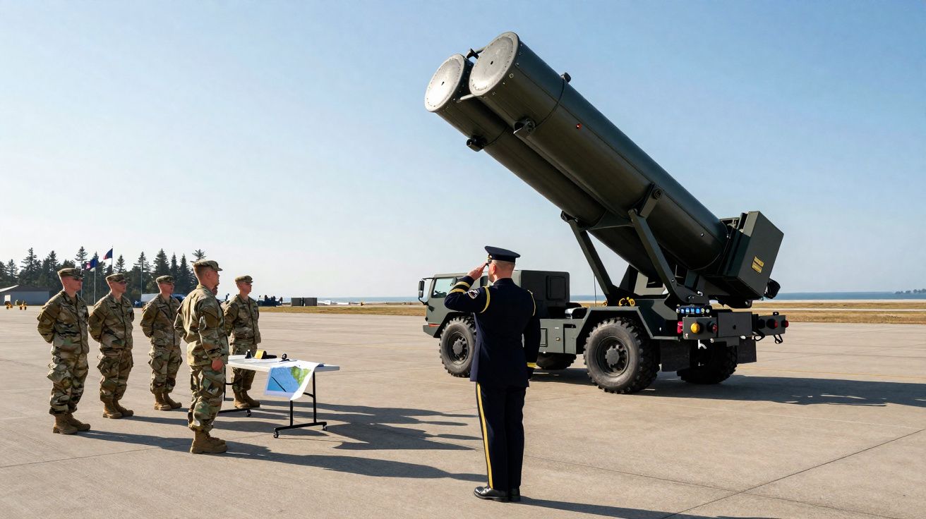 Soldados em uniforme militar numa pista com um sistema de lançamento de mísseis montado num camião.