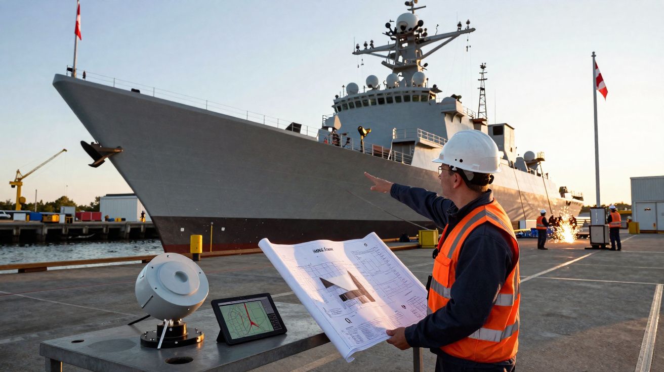 Homem com capacete e colete reflete plano junto a navio militar atracado no porto ao pôr do sol.