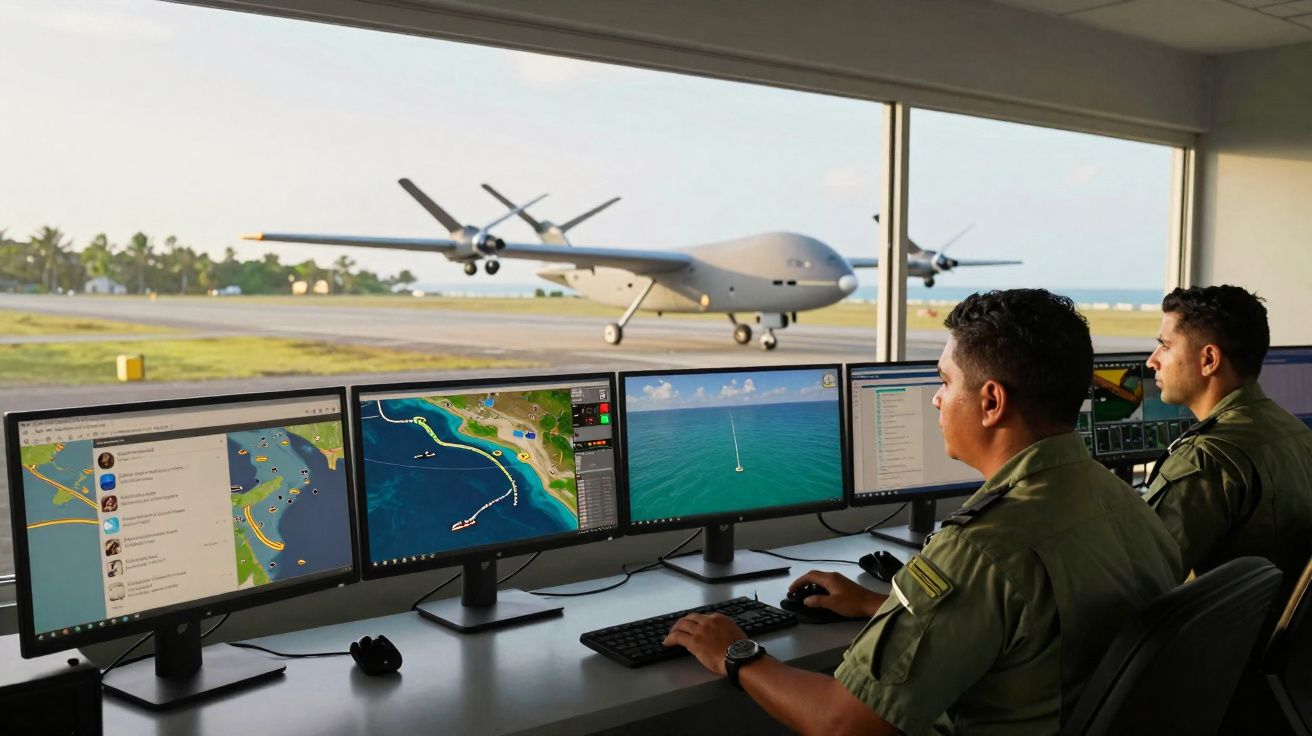 Dois militares monitorizam voo de drone não tripulado numa sala de controlo com vários ecrãs.