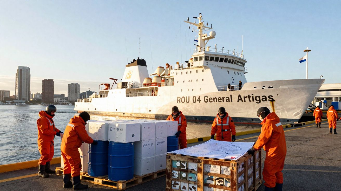 Tripulantes em fatos de proteção laranja descarregam caixas e tambores junto ao navio ROU 04 General Artigas no porto.