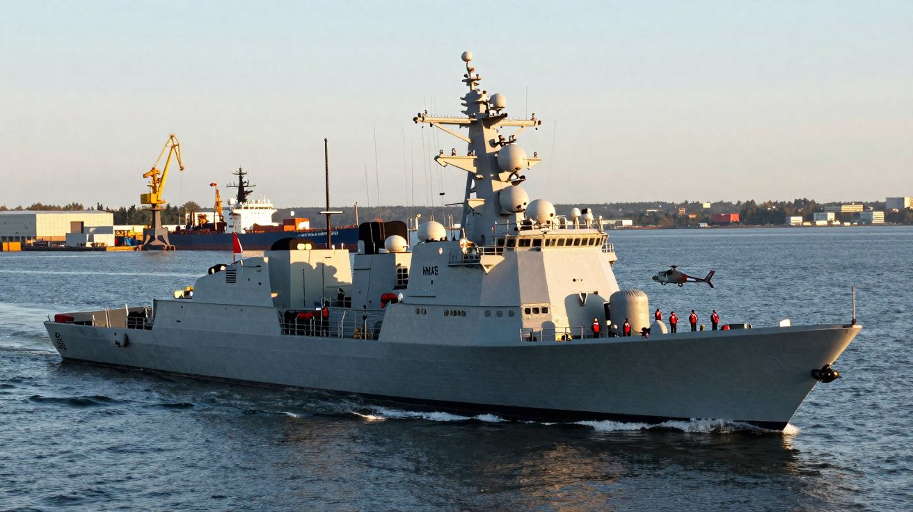 Navio militar cinzento a navegar em mar calmo com tripulação na proa e helicóptero a descolar ao fundo.