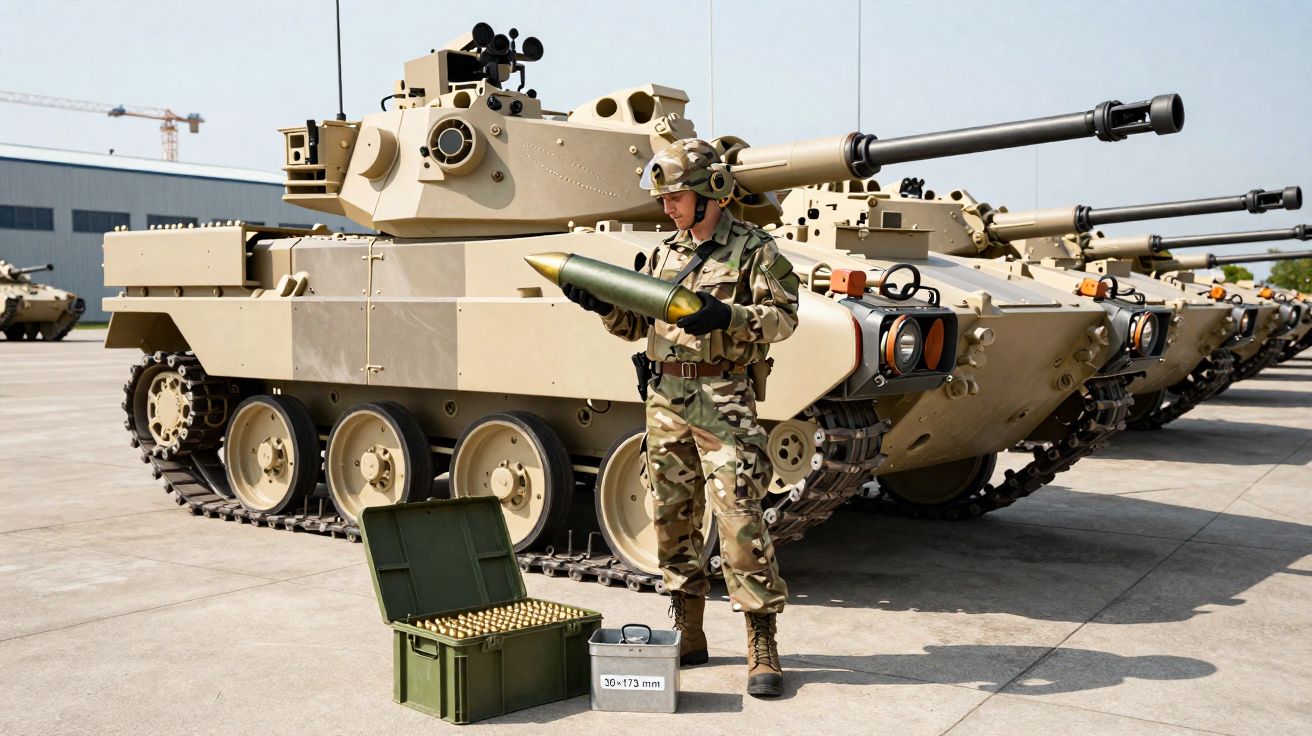 Soldado com uniforme camuflado segura projétil junto a tanques de guerra estacionados ao ar livre.