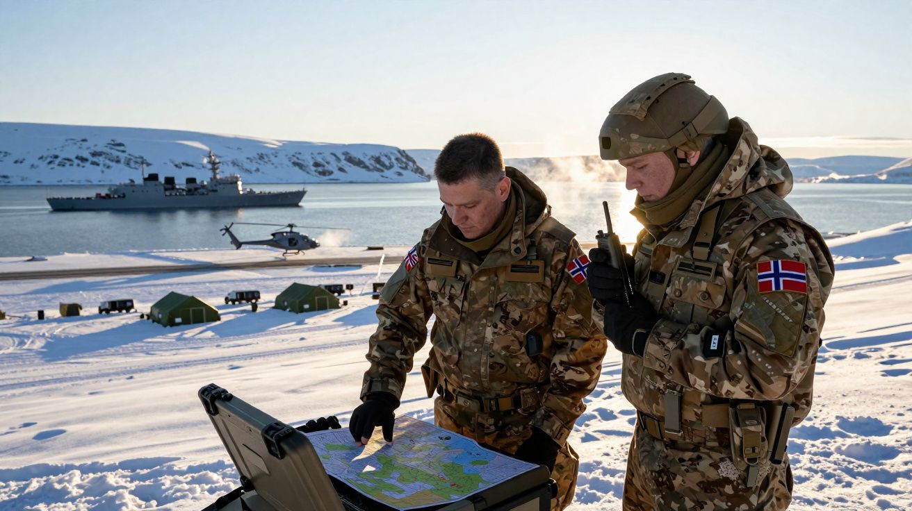 Dois soldados noruegueses em uniformes de camuflagem discutem um mapa na neve com navio e helicóptero ao fundo.