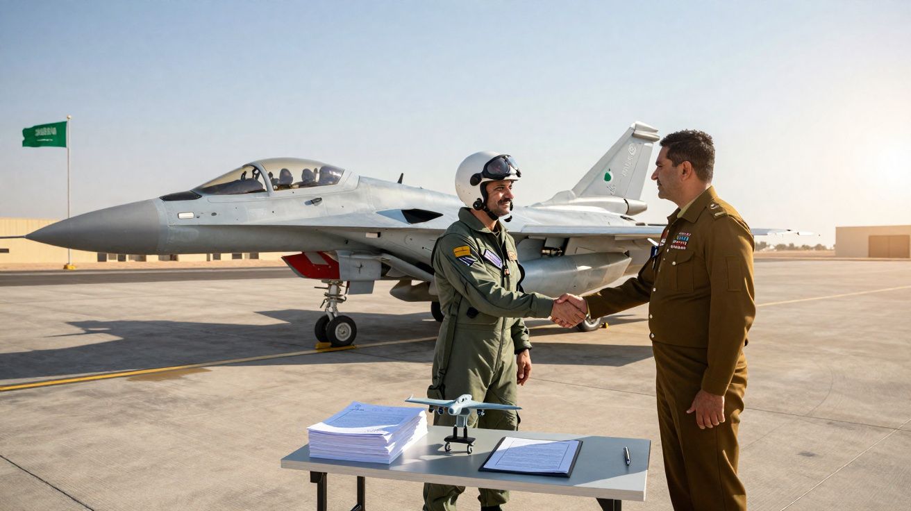 Piloto e oficial militar apertam mãos junto a caça F-16 na pista de um aeroporto com bandeira da Arábia Saudita.