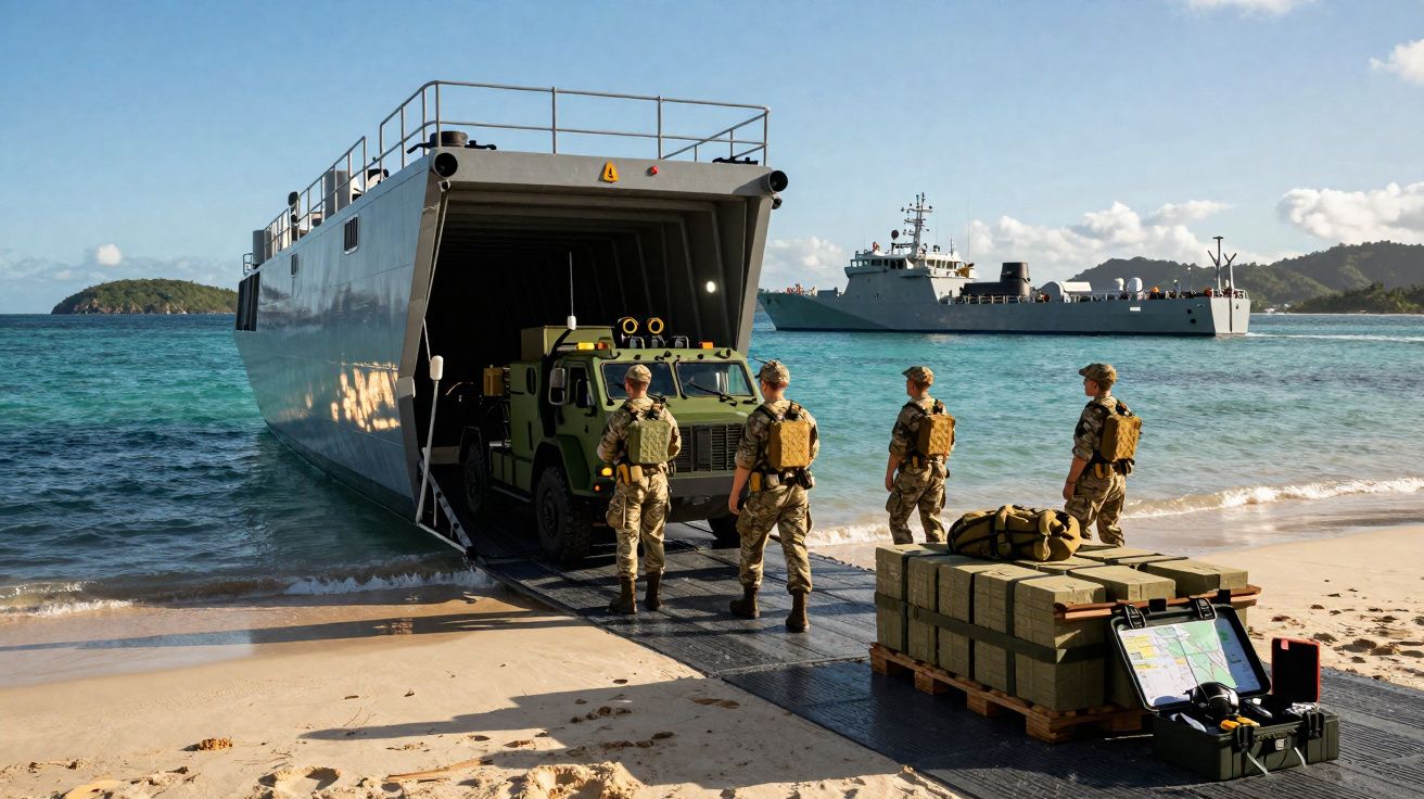 Quatro militares junto a veículo militar a sair de navio logístico para praia com caixas e outro navio ao fundo.