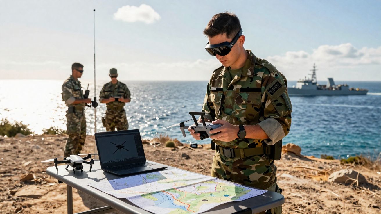 Soldado militar a operar drone junto a mapas na praia, com mar e navio ao fundo.