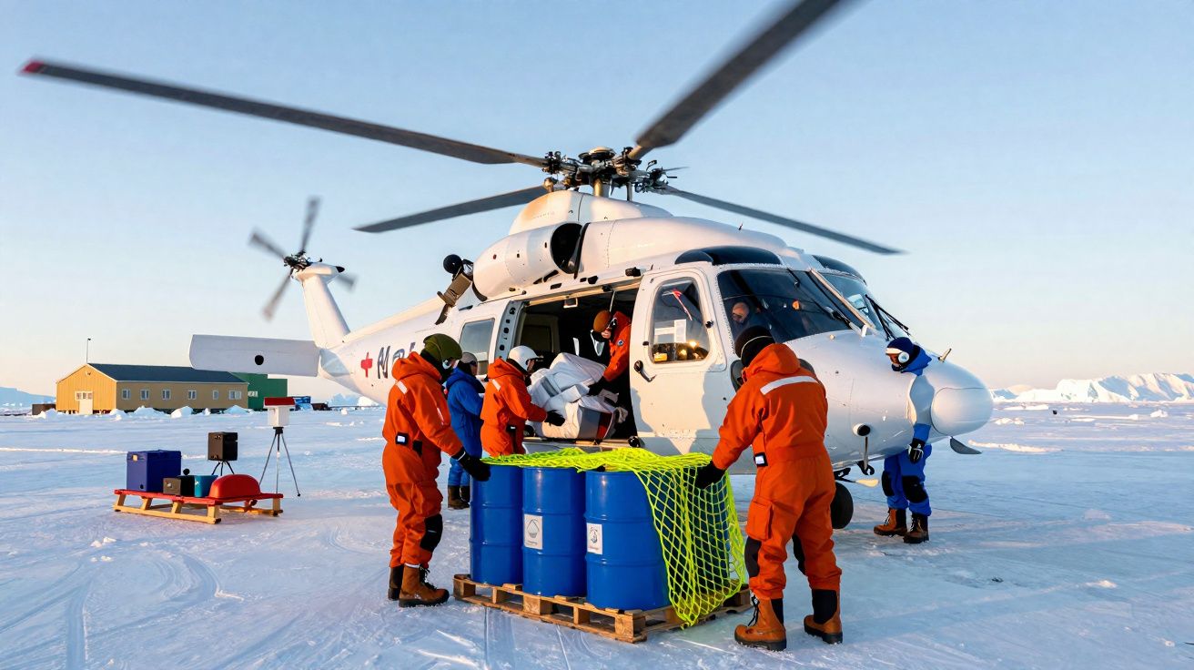 Equipa em fato laranja carrega tambores azuis para um helicóptero branco numa paisagem nevada polar.