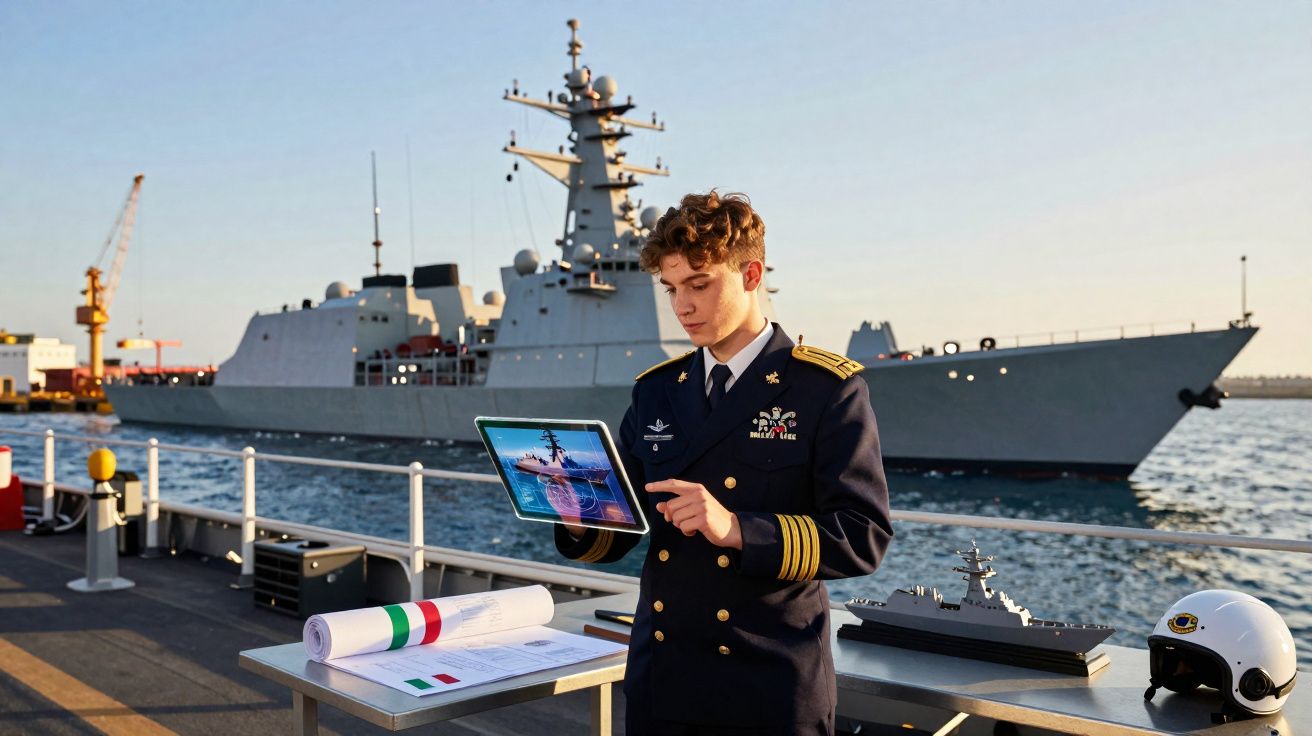 Jovem fardado naval com tablet perto de maquete e capacete, navio de guerra ao fundo no porto.