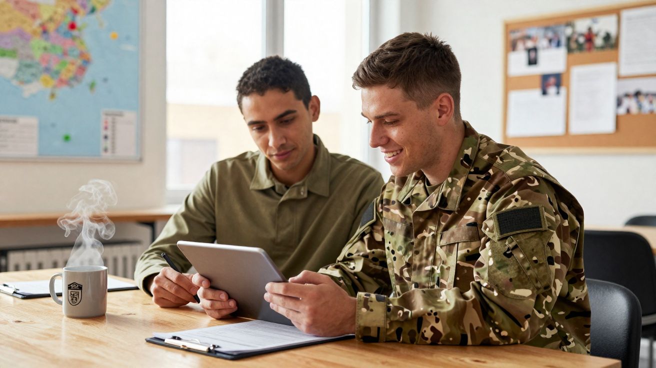 Dois homens, um em uniforme militar e outro casual, consultam um tablet numa mesa com documentos e chá quente.