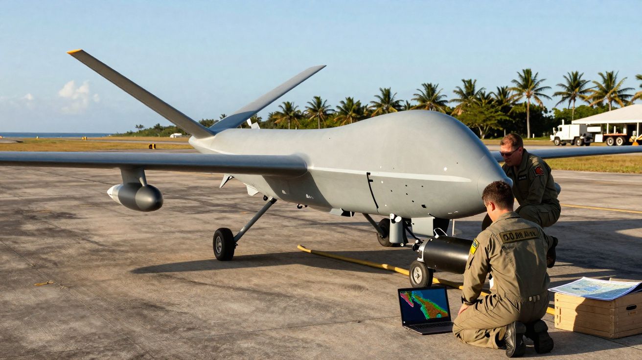 Drone militar cinzento no solo com dois homens em uniformes a operar um computador portátil ao lado.