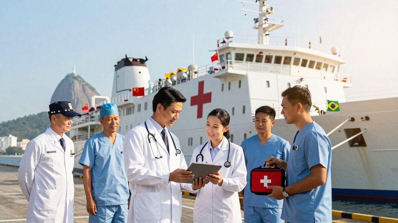 Equipa médica junto a navio-hospital com cruz vermelha, em cais à beira-mar, com montanha ao fundo.