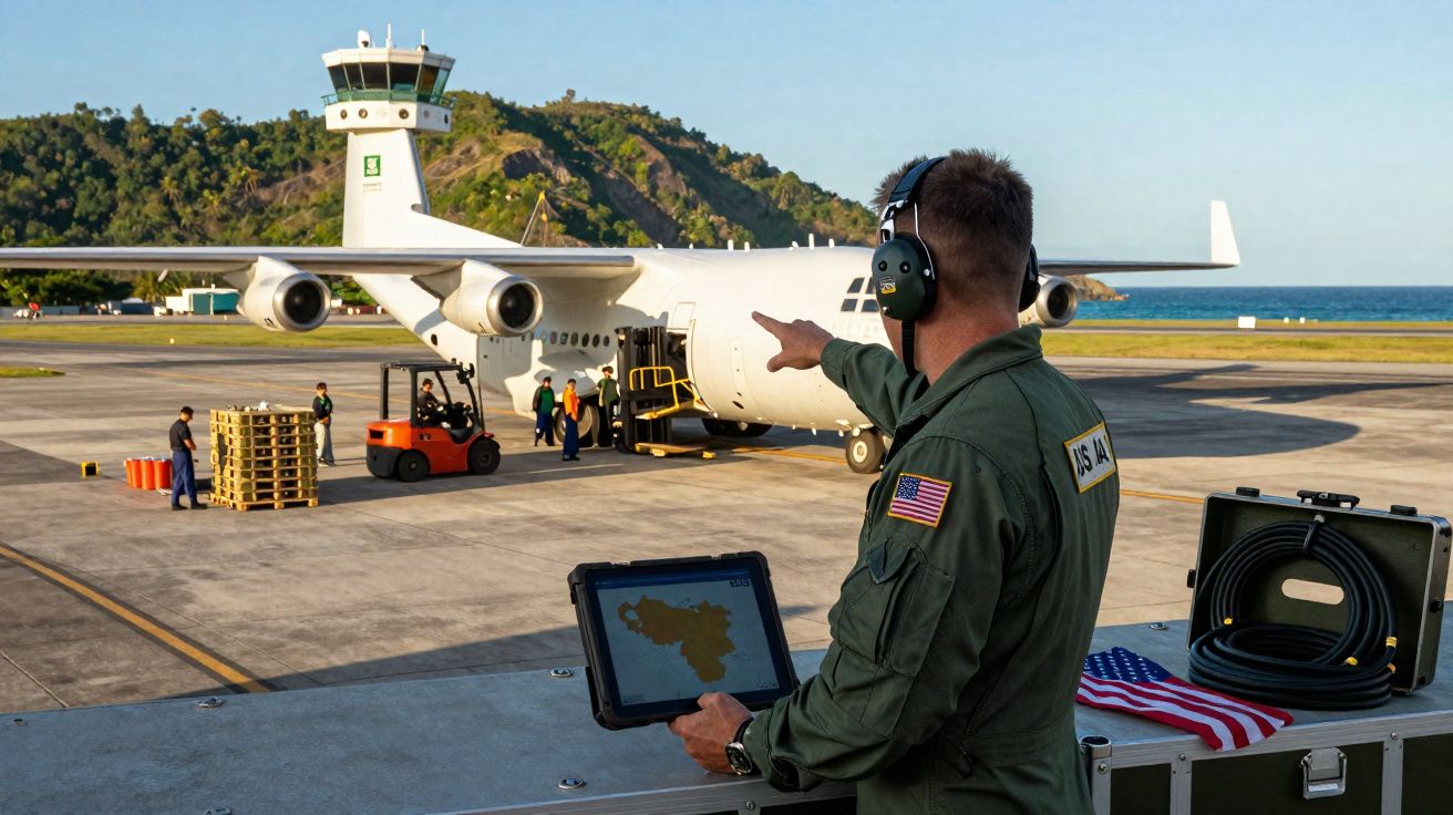 Militar dos EUA com tablet a coordenar abastecimento de avião militar em pista junto ao mar.