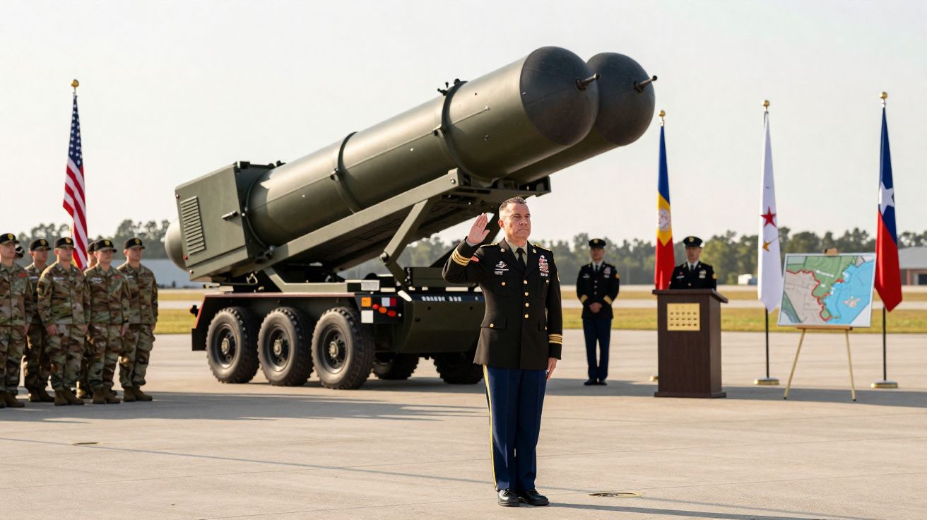 Oficial militar a saudar com soldados e míssil lançado em veículo militar atrás numa cerimónia ao ar livre.