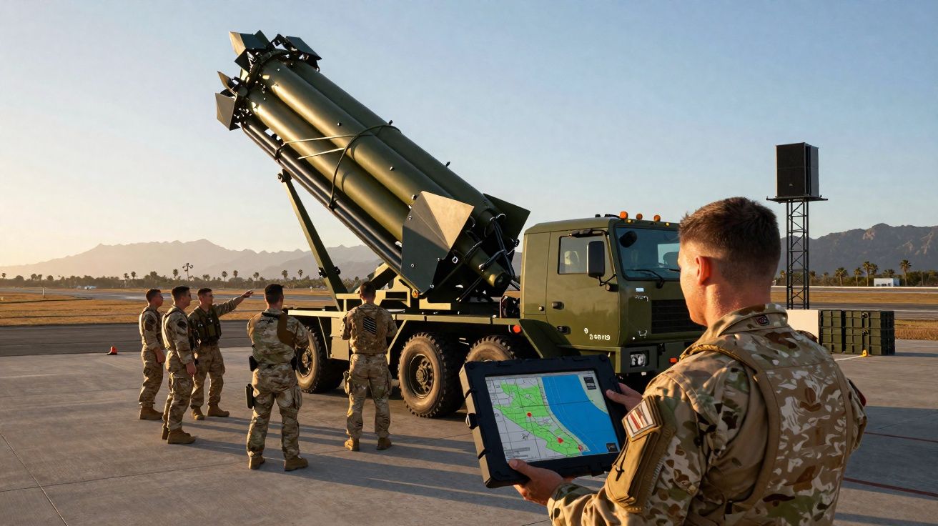 Soldados junto a um veículo militar com lançador de mísseis e um soldado a usar um tablet com mapa.