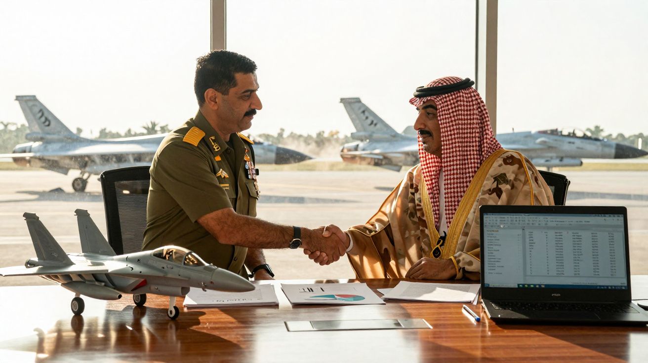 Dois homens a apertar as mãos frente a janelas com caças militares e documentos numa mesa.