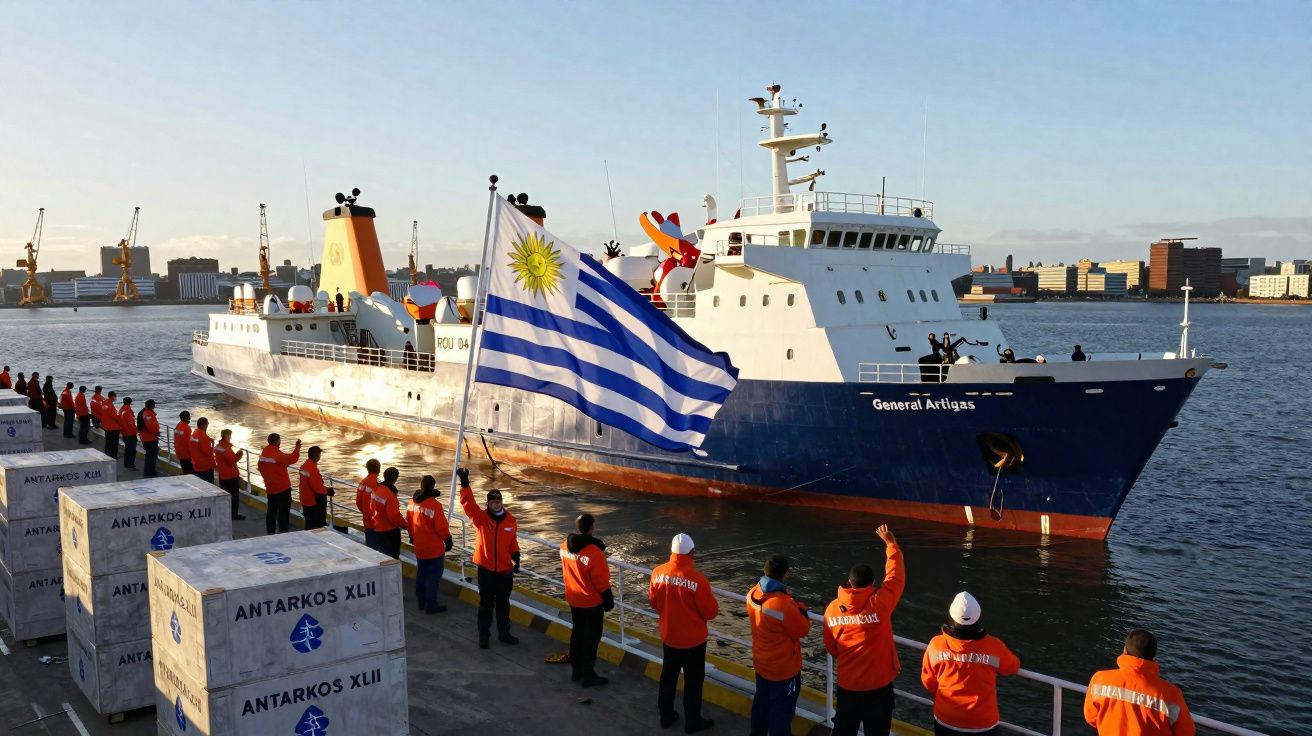 Tripulação em coletes laranja acenando em cais para navio azul e branco General Artigas com bandeira do Uruguai.