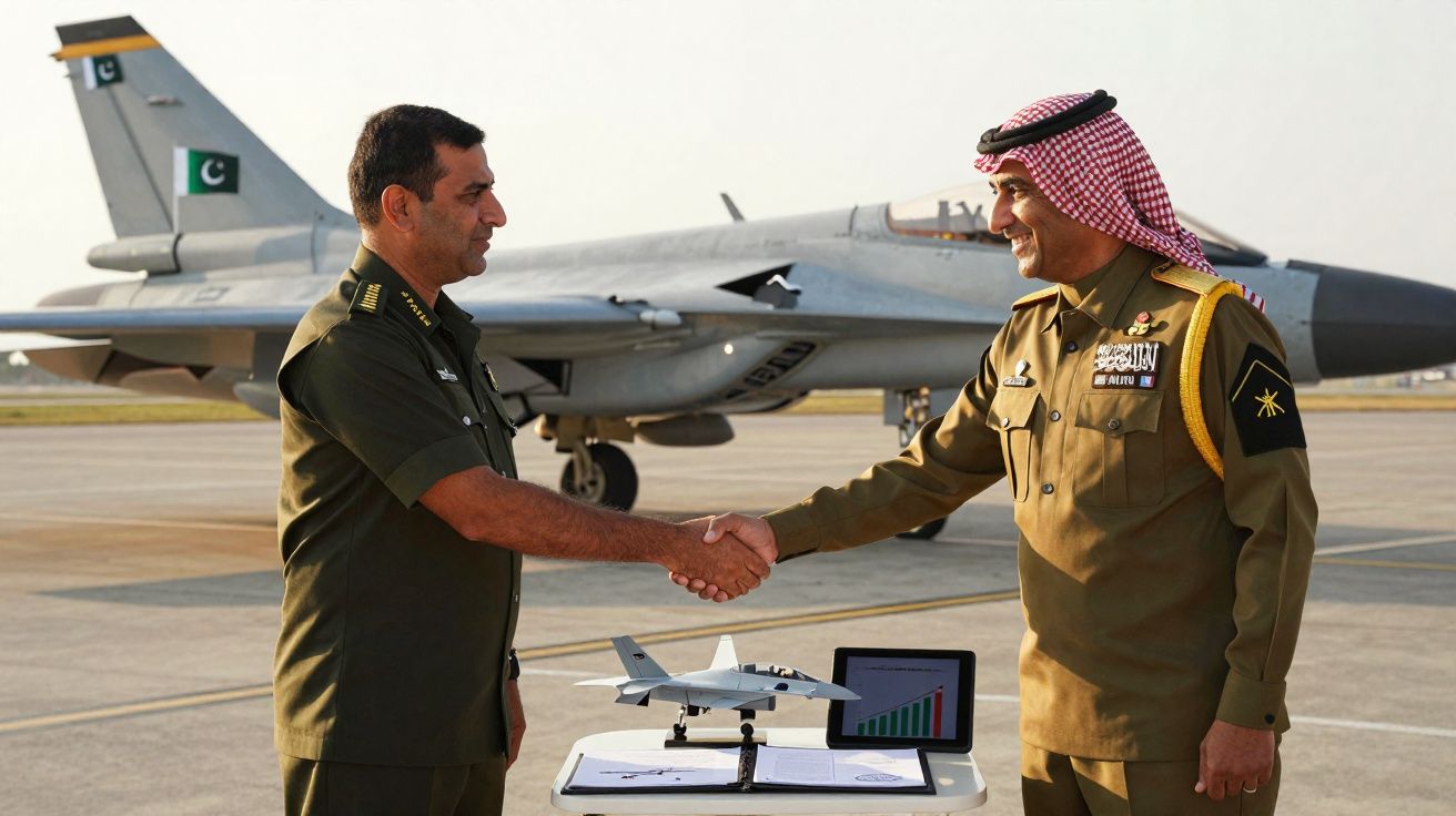 Dois militares apertam as mãos com um caça e uma maquete de avião ao fundo num aeroporto.