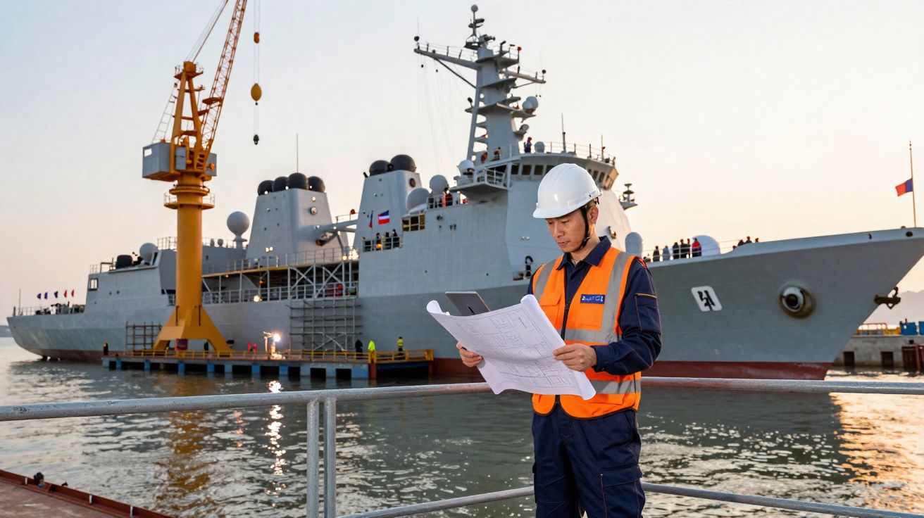 Homem com capacete e colete de segurança a consultar plantas junto a um navio militar atracado no porto.