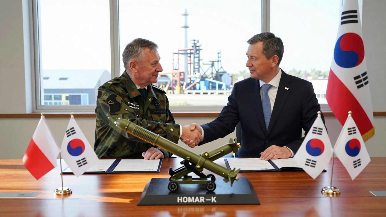 Dois homens apertam as mãos sobre uma mesa com maqueta de míssil HOMAR-K e bandeiras da Coreia do Sul e Polónia.