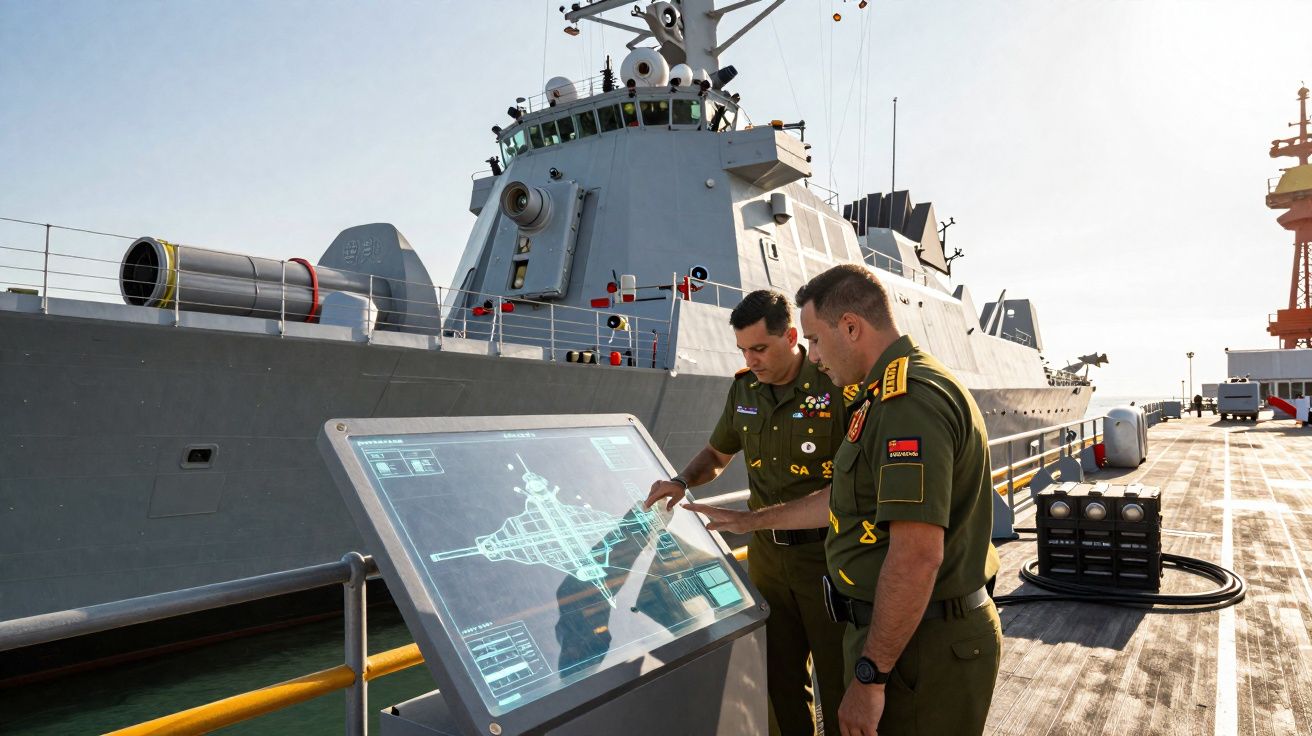 Dois militares em uniforme inspecionam um ecrã tátil no convés de um navio de guerra ao pôr do sol.