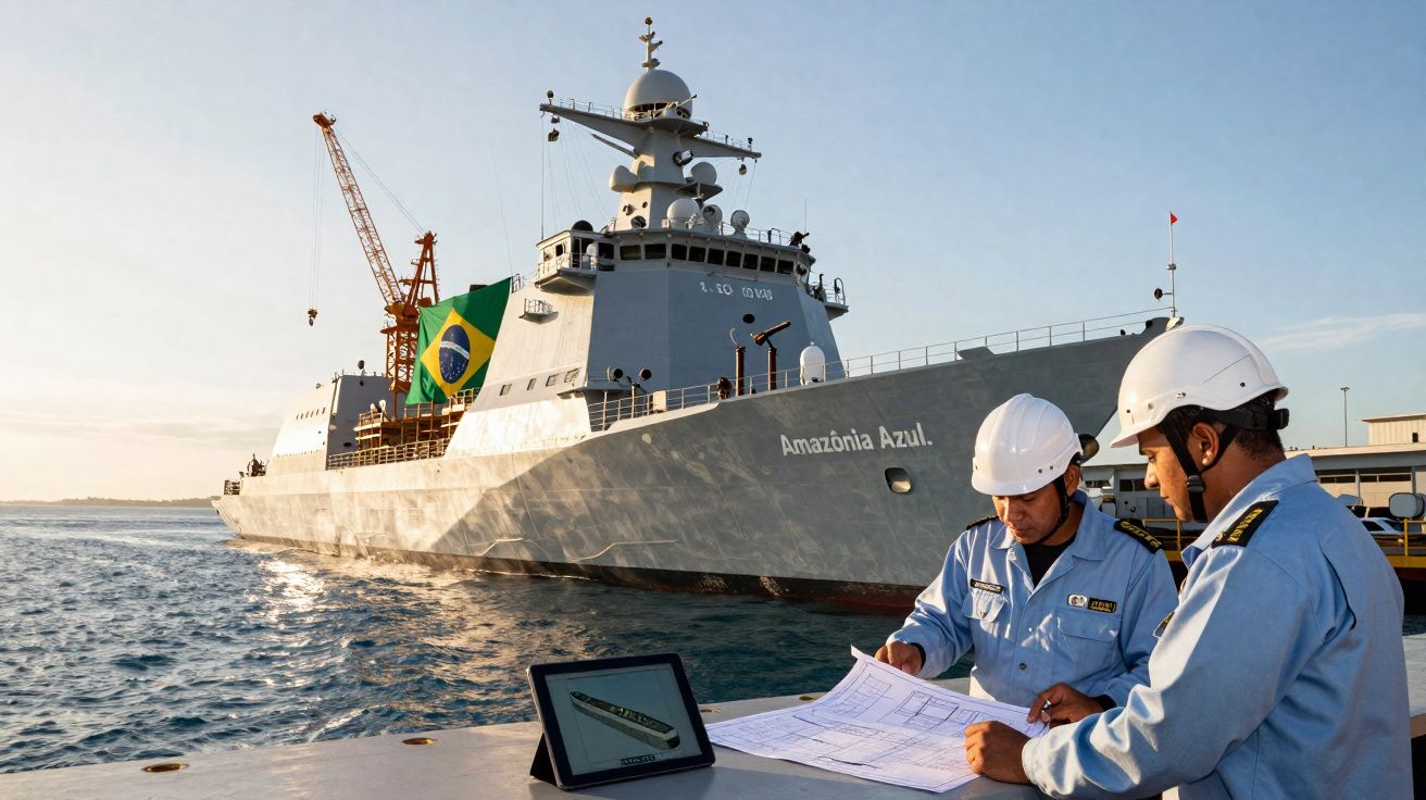 Navio militar Amazônia Azul com bandeira do Brasil atracado, enquanto dois oficiais analisam plantas técnicas.