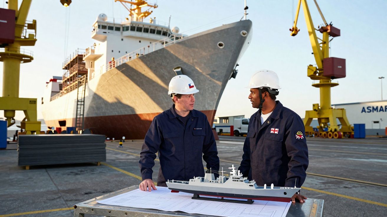 Dois trabalhadores com capacetes discutem planos ao lado de um modelo de navio num estaleiro naval ao pôr do sol.