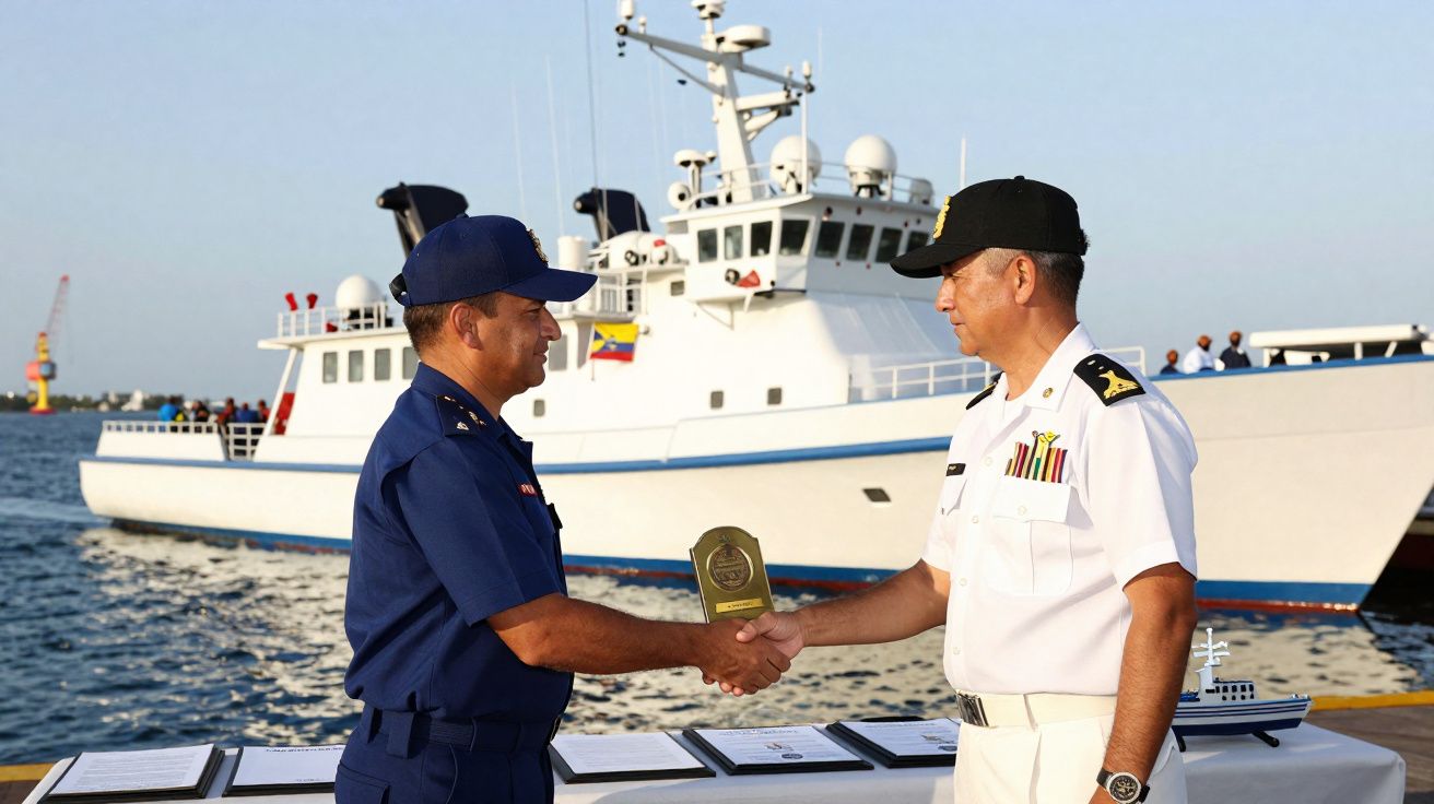 Dois oficiais navais apertam as mãos em cerimónia junto a doca com navio ao fundo.