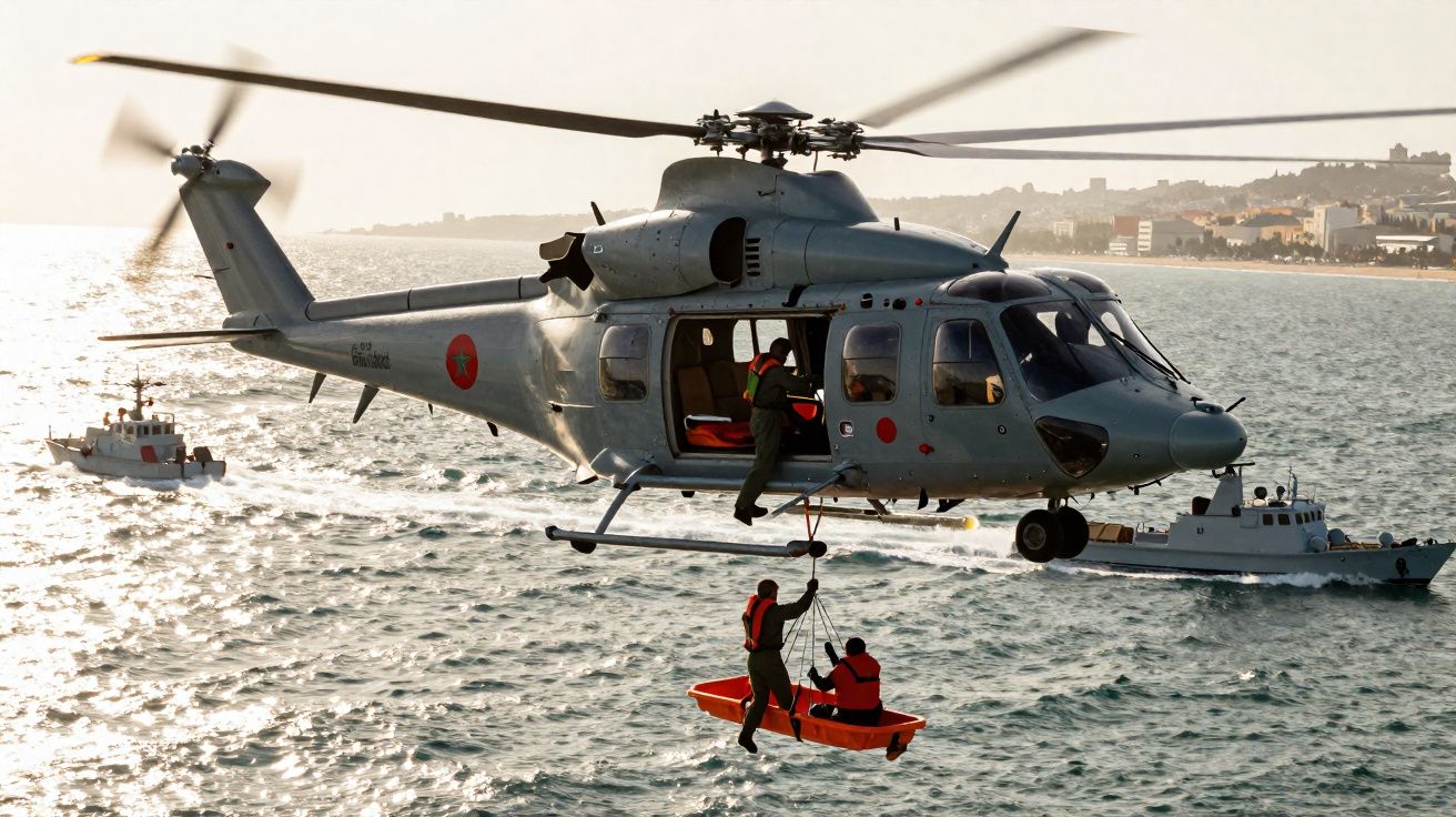 Helicóptero militar a resgatar pessoas no mar próximo à costa, com barcos a assistirem à operação.