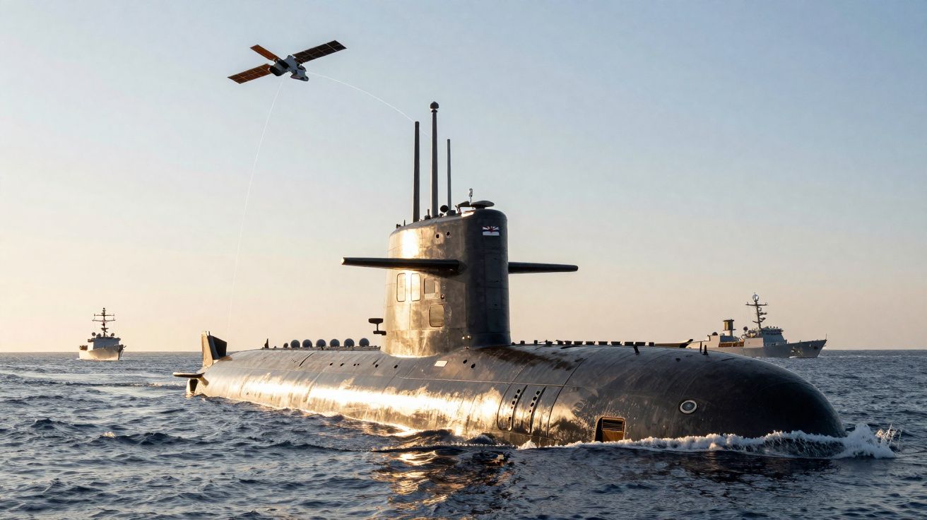 Submarino militar na superfície do mar com dois navios e um drone no céu ao fundo ao amanhecer.