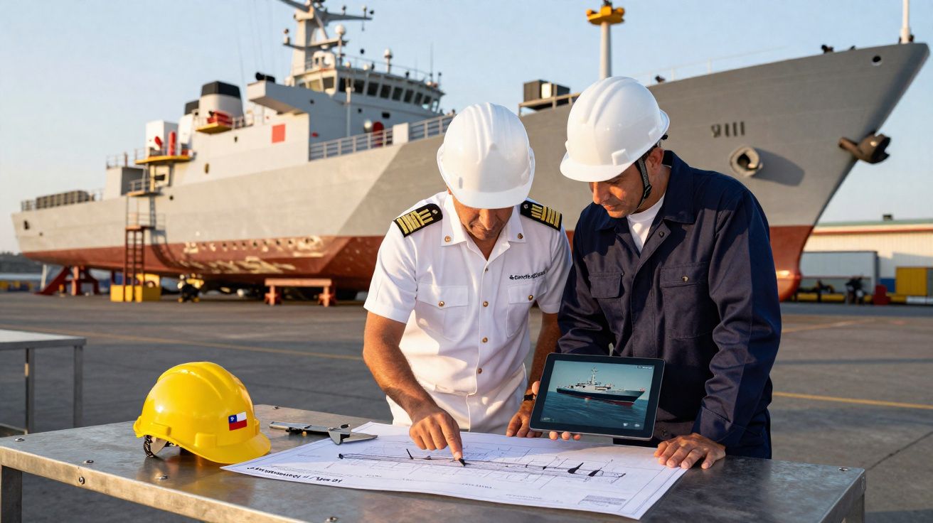 Dois engenheiros com capacetes consultam planos e tablet perto de um navio no porto.