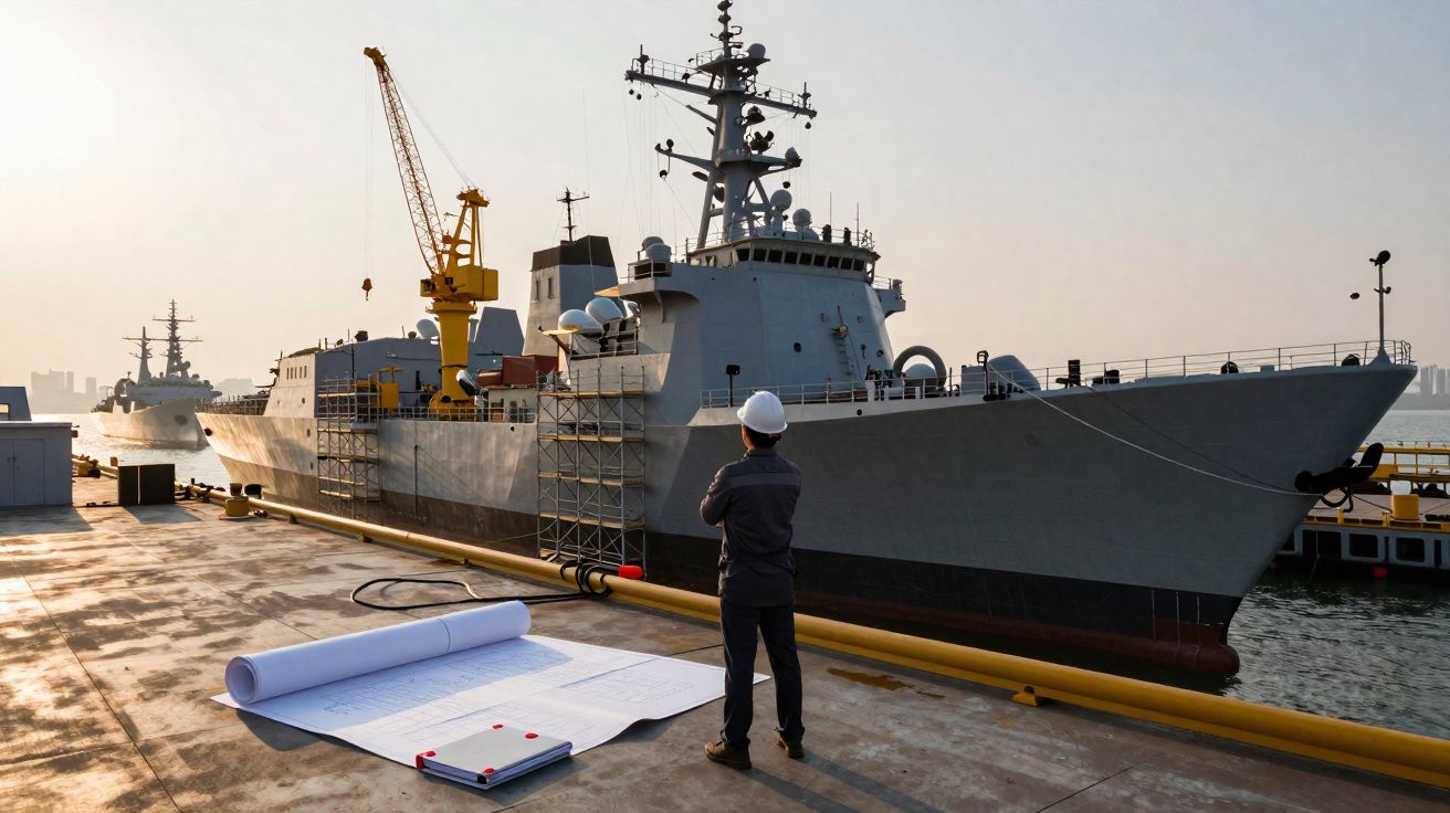 Homem de capacete a observar navio militar atracado numa doca com plantas e caderno no chão.
