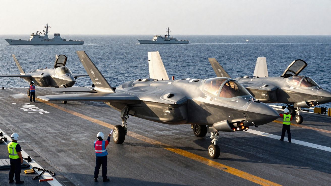 Porta-aviões com três caças stealth estacionados e dois navios de guerra no mar ao fundo.