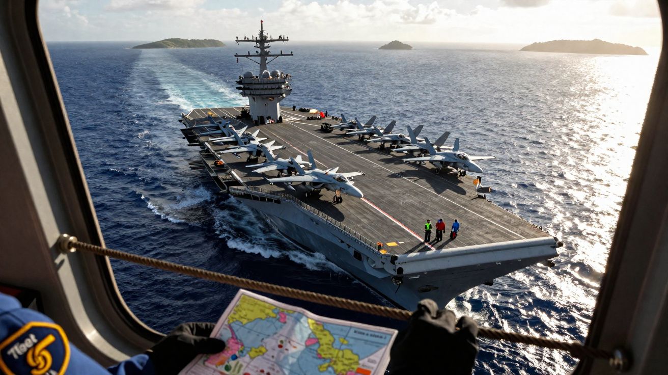 Porta-aviões no mar com caças alinhados no convés, visto de dentro de uma cabine com um mapa nas mãos.