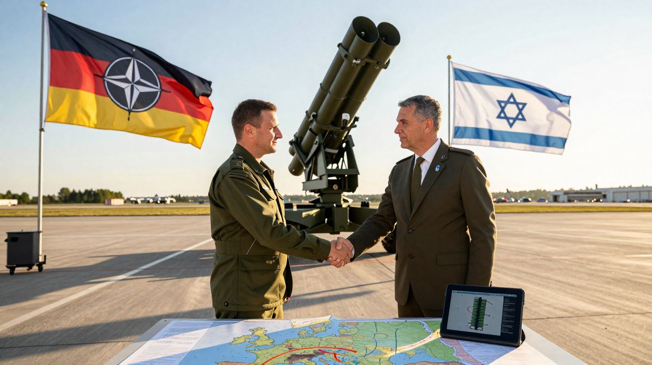Dois homens, um em uniforme militar e outro em fato, apertam mãos junto a mapa e equipamento militar, com bandeiras da Aleman
