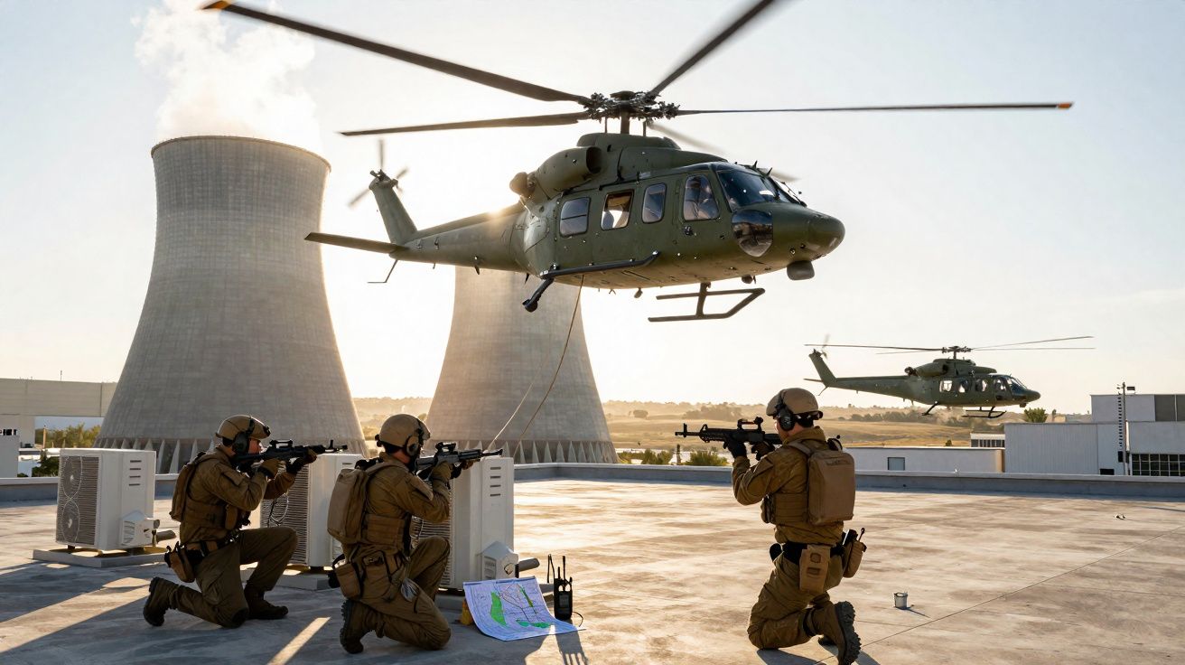 Soldados armados táticos em telhado com helicópteros e centrais nucleares ao fundo ao pôr do sol.
