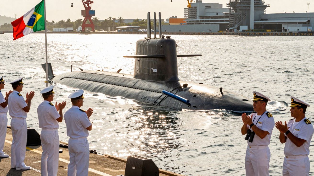 Submarino militar a emergir no porto com marinheiros a aplaudir na doca, bandeira do Brasil e do México visíveis.