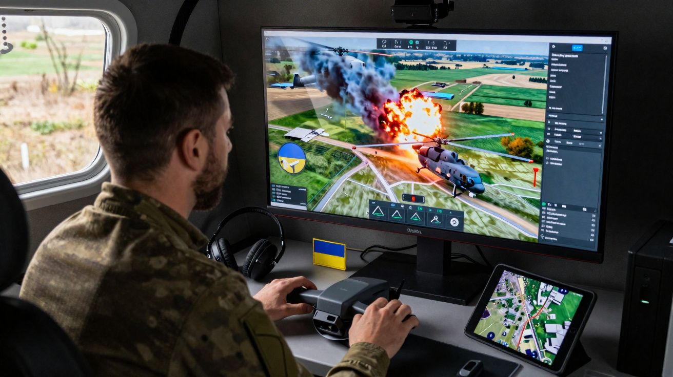 Homem de farda militar manuseia drone e observa explosão numa simulação de combate num ecrã grande.