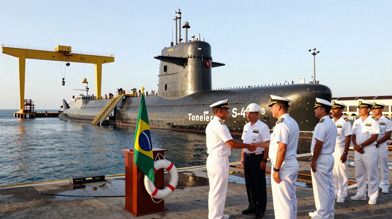 Submarino brasileiro Tonelero atracado com militares da marinha em cerimónia no cais.