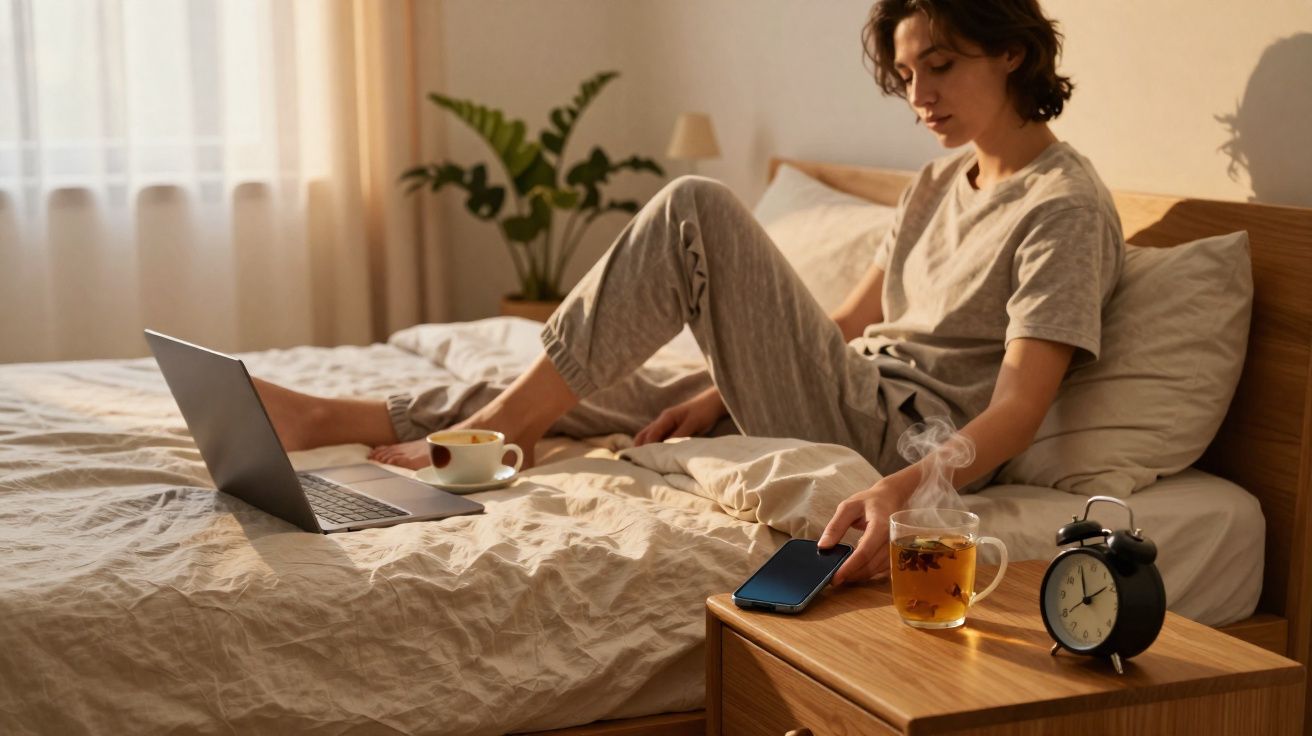 Pessoa sentada na cama em pijama, com computador portátil, chá quente e despertador numa mesa de cabeceira.