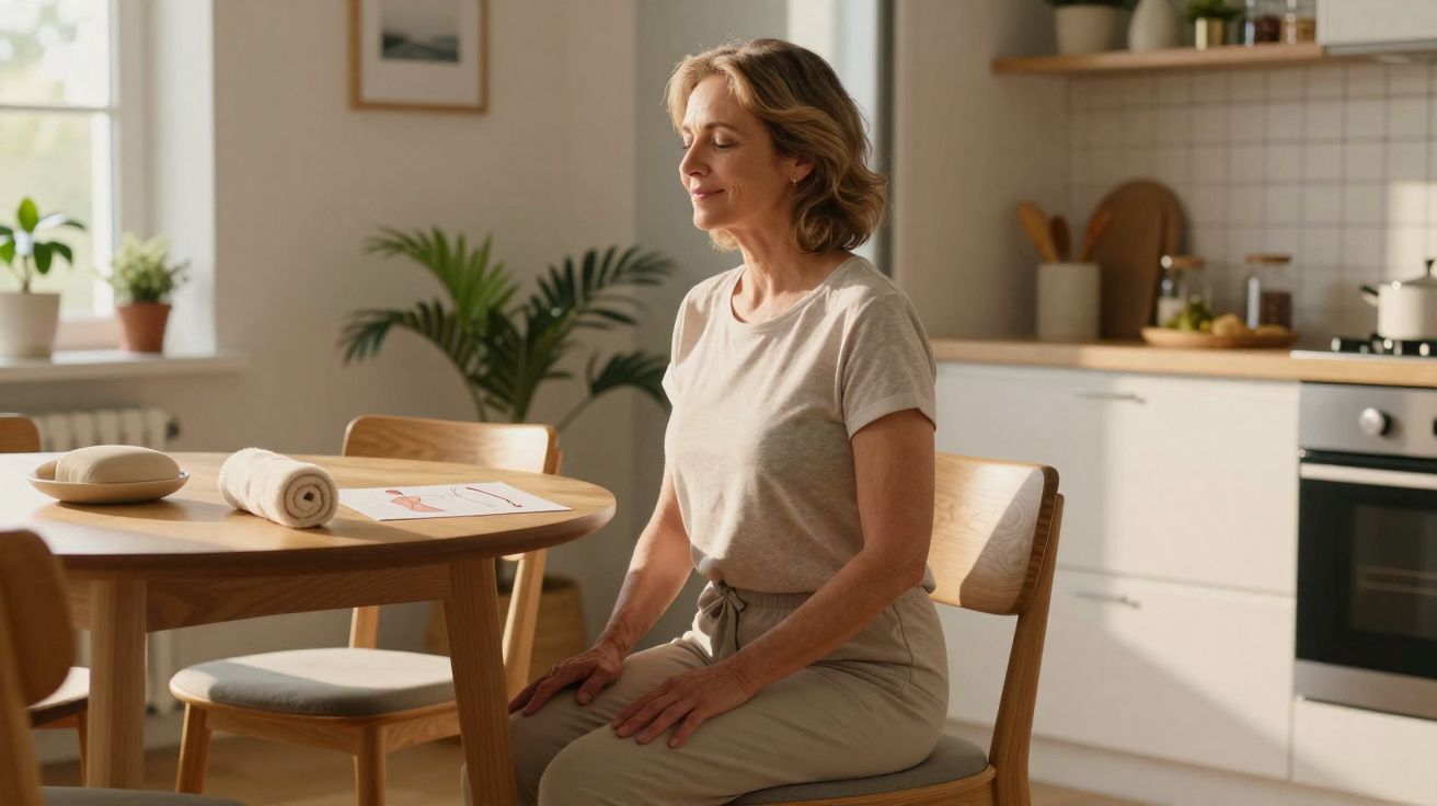 Mulher sentada em cadeira a meditar calmamente numa cozinha com luz natural suave.