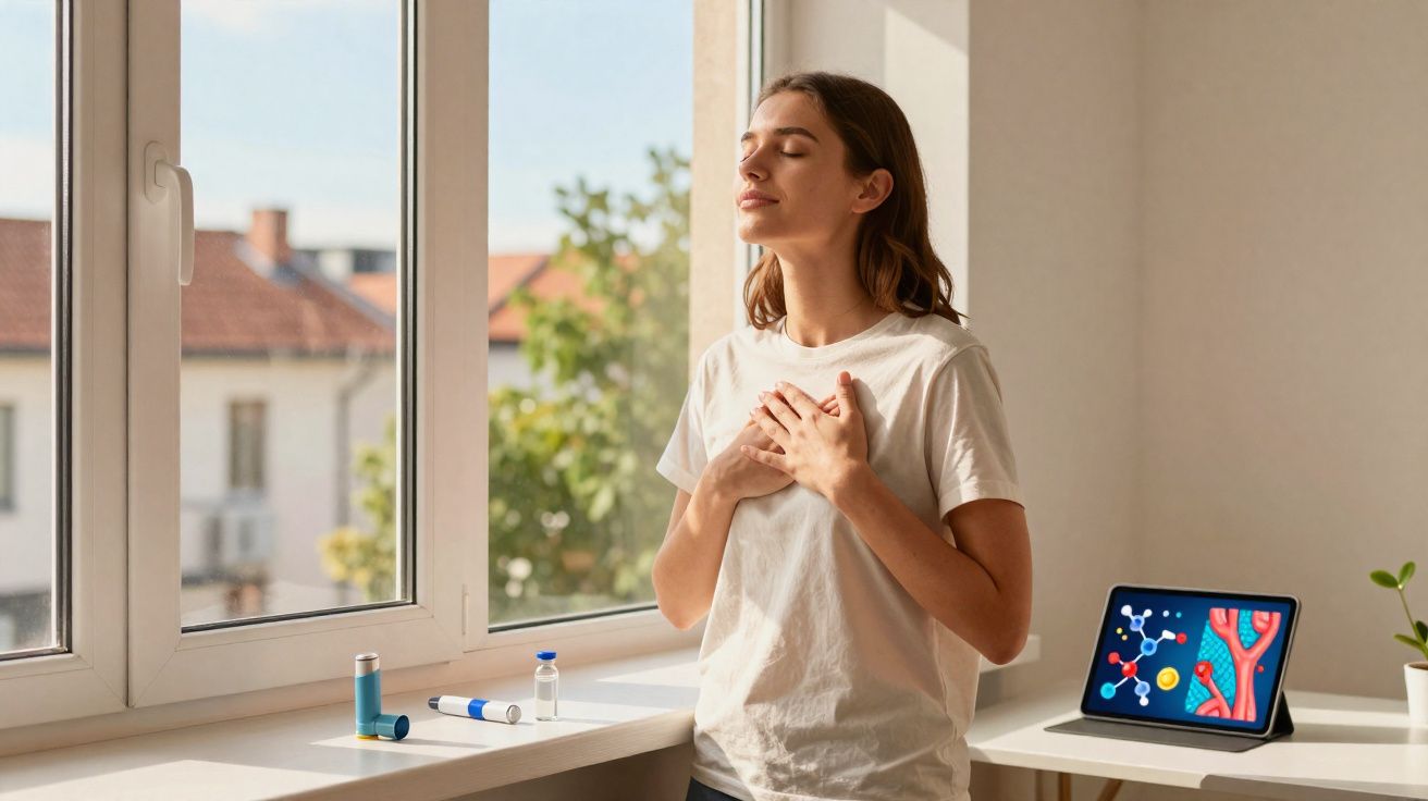 Mulher com as mãos no peito a respirar profundamente junto a uma janela com medicamentos para asma na mesa.