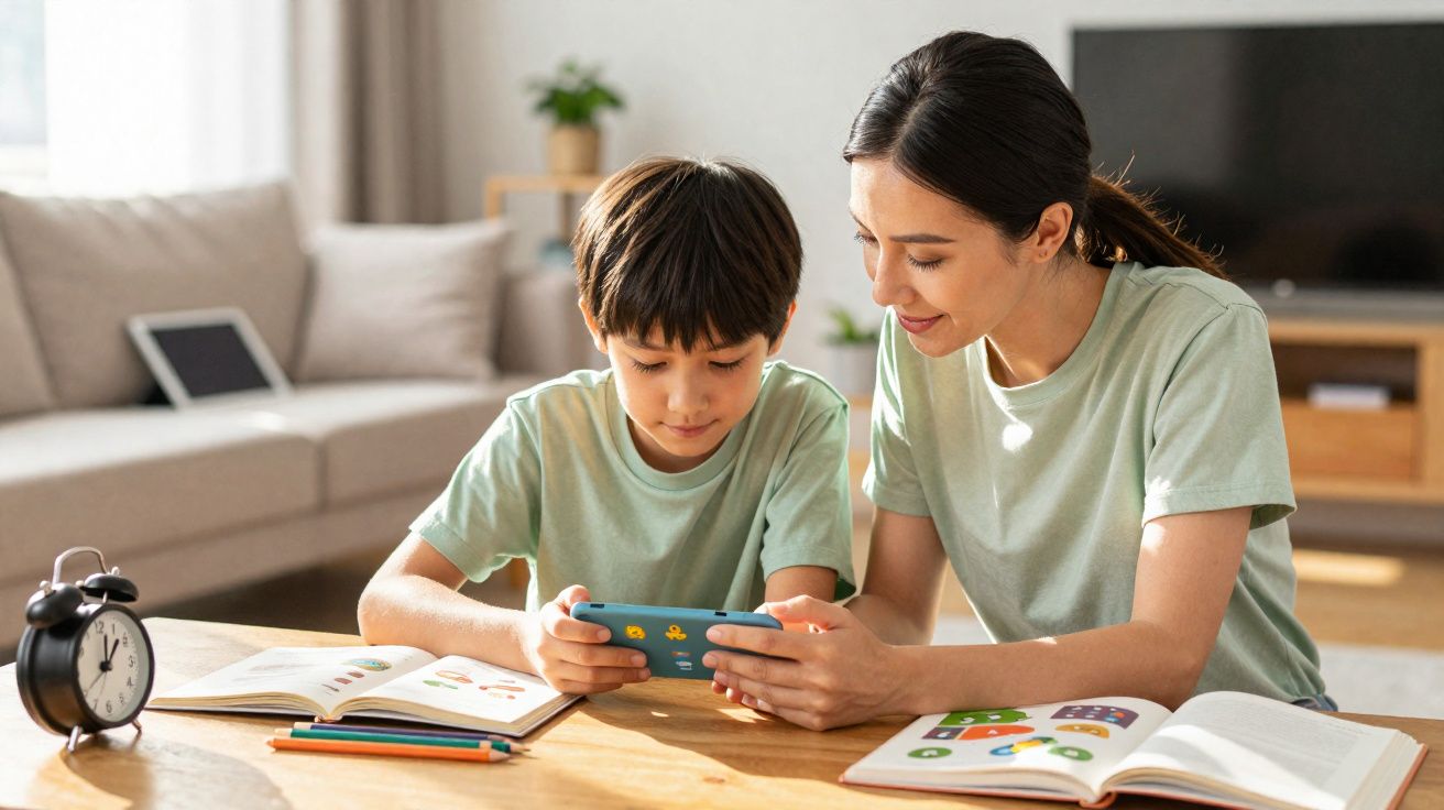 Mulher e menino sentados a uma mesa com livros abertos, a ver algo num telemóvel azul.