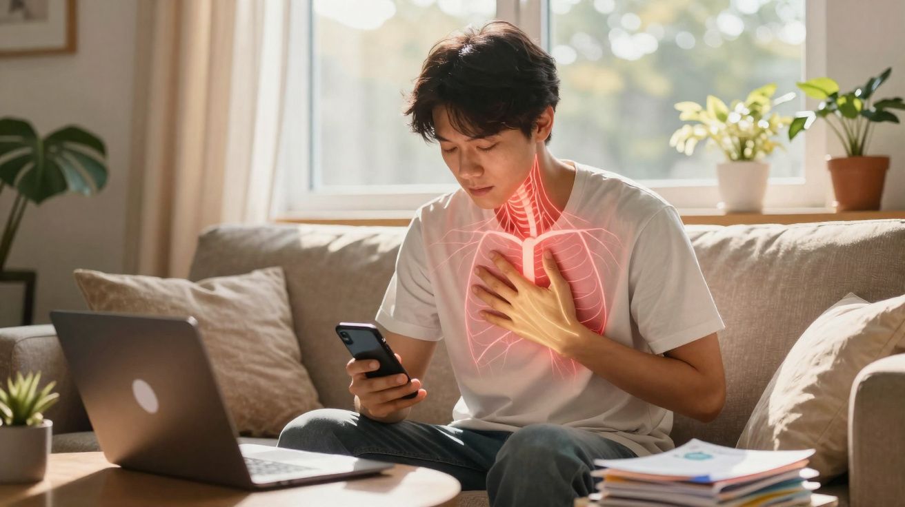 Pessoa sentada no sofá com dor no peito, segurando o smartphone, com laptop e livros à frente.