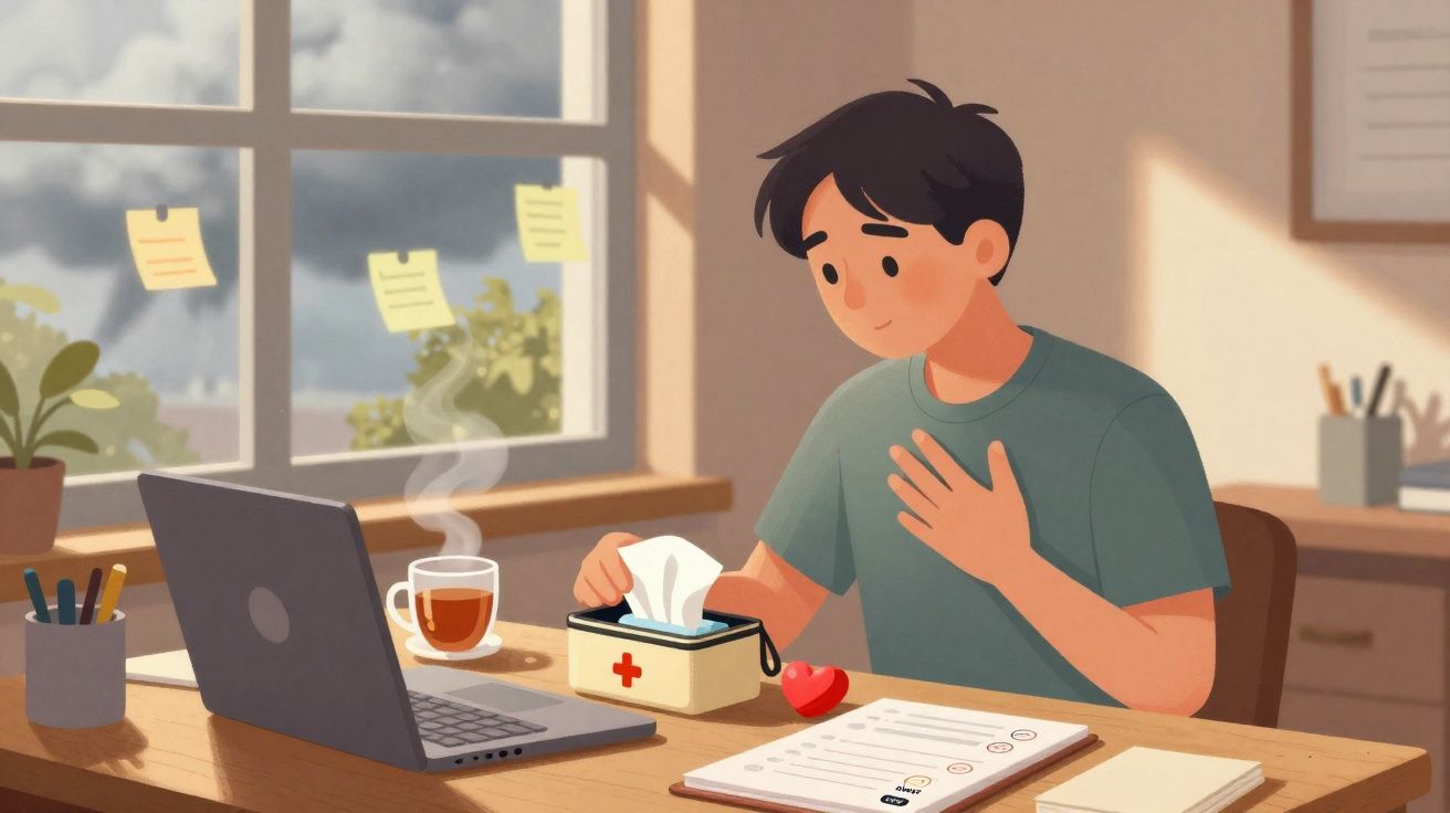 Jovem sentado à secretária a usar lenços, com computador portátil, chá e documentos à sua frente.